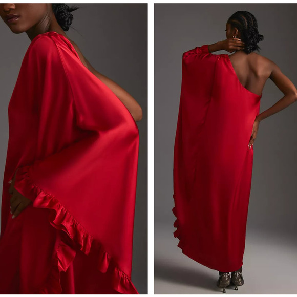 ANTHROPOLOGIE x HUTCH One-Shoulder Ruffled Draped Caftan Maxi Dress Red {MM29} - Picture 4 of 4